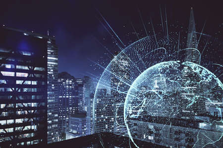 Multi exposure of social network theme drawing and cityscape background. Concept of people...