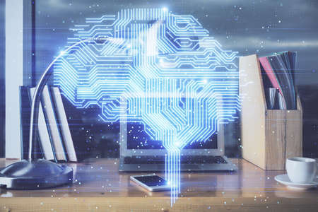 Multi exposure of work table with computer and brain hologram. Brainstorm concept.