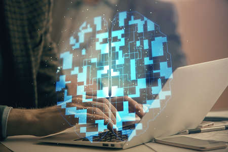 Businessman with computer background with technology theme hologram. Concept of big data. Double...
