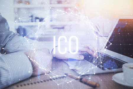 Blockchain theme hud with man working on computer on background. Concept of crypto chain. Double...