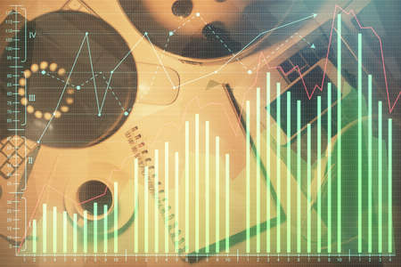 Multi exposure of forex chart drawing and work table top veiw. Concept of financial analysis.