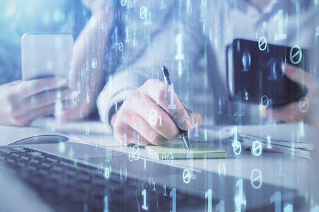 Double exposure of man and woman working together and technology theme drawing hologram. Big data...