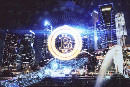 Multi exposure of cryptocurrency theme hologram drawing and city veiw background. Concept of blockchain and bitcoin.の写真素材