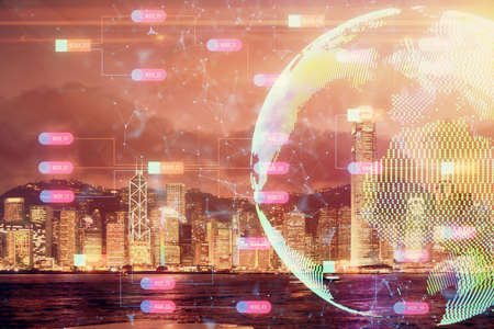 Map and data theme hologram on city view with skyscrapers background double exposure. International...