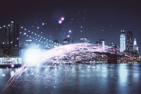 Multi exposure of social network theme drawing and cityscape background. Concept of people...
