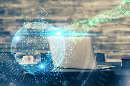 Double exposure of desktop with computer on background and tech theme drawing. Concept of big data.