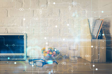 Double exposure of desktop with personal computer on background and tech theme drawing. Concept of...