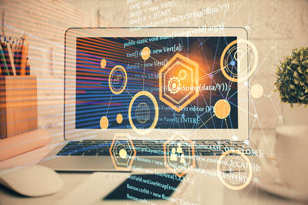 Double exposure of desktop with personal computer on background and tech theme drawing. Concept of...