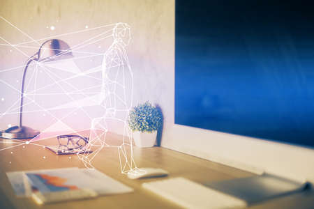 Desktop computer background in office and start up theme hologram drawing. Double exposure. Startup...