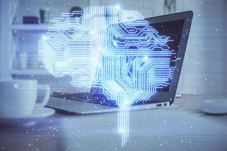 Multi exposure of work table with computer and brain hologram. Brainstorm concept.の写真素材