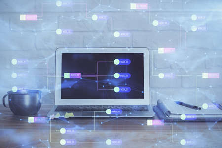 Double exposure of computer and technology theme hud. Concept of innovation.の写真素材