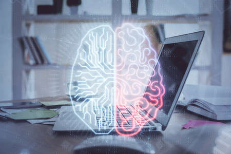 Multi exposure of work table with computer and brain hologram. Brainstorm concept.の写真素材