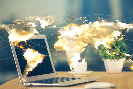 Multi exposure of business theme icons and table with computer background. Concept of success.