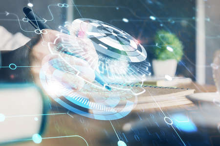 Double exposure of womans hands on background with technology and digital coding icons. Data...