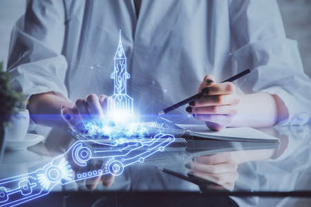 Start up creative drawing over close up hands on background. Concept of brainstorming. Multi...
