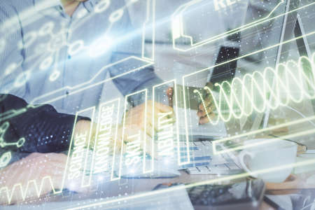 Science hologram with man working on computer on background. Concept of study. Double exposure.