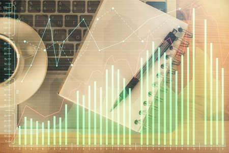 Multi exposure of forex chart drawing and work table top veiw. Concept of financial analysis.