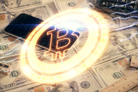 Multi exposure of crypto theme drawing over us dollars bill background. Concept of blockchain...