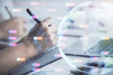 Double exposure of map drawing over people taking notes background. Concept of international...