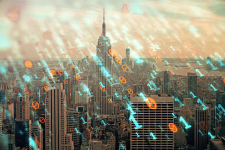 Data theme hologram drawing on city view with skyscrapers background double exposure. Technology concept.の写真素材