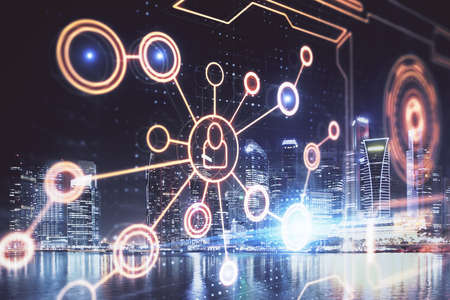 Multi exposure of social network theme drawing and cityscape background. Concept of people...