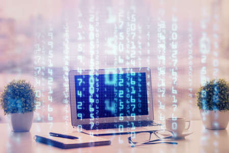 Double exposure of table with computer on background and data theme drawing. Concept of innovation.