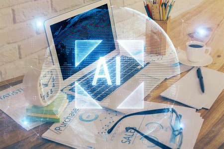 Multi exposure of desktop with computer on background and tech theme drawing. Concept of big data.