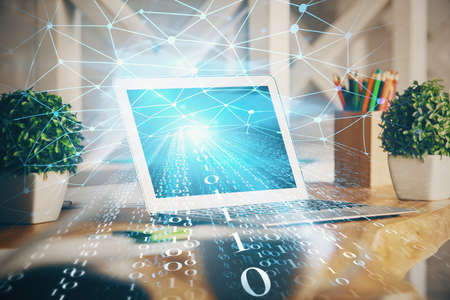 Double exposure of desktop with personal computer on background and tech theme drawing. Concept of...