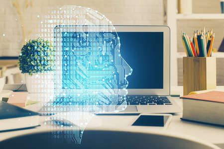 Double exposure of work space with computer and human brain drawing hologram. Brainstorm concept.の写真素材