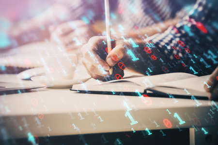 Writing mans hands background with technology icons. Double exposure. Concept of big data.