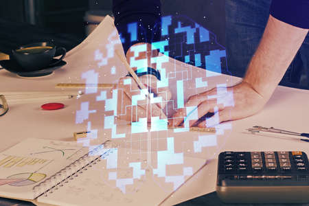 Mans hands with technology theme multi exposure icons. Concept of big data.