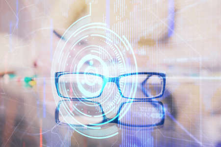 Double exposure of writing hand on background with data solution technology hologram. Ai concept.