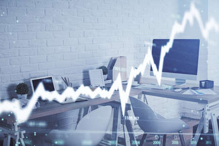 Multi exposure of stock market chart drawing and office interior background. Concept of financial analysis.の写真素材