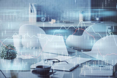 Double exposure of stock market graph drawing and office interior background. Concept of financial...