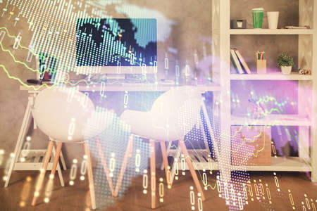 Multi exposure of stock market chart drawing and office interior background. Concept of financial...