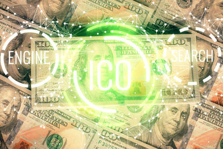 Multi exposure of crypto theme drawing over us dollars bill background. Concept of blockchain...