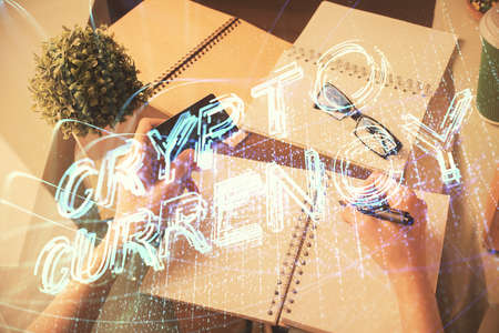 Multi exposure of woman on-line shopping holding a credit card and crypto theme drawing. Blockchain...