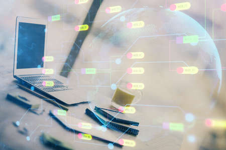 Double exposure of table with computer on background and data theme drawing. Concept of innovation.