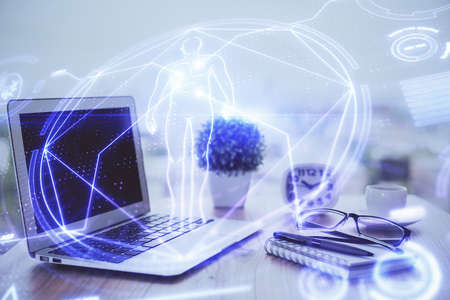 Desktop computer background and education theme drawing. Double exposure. Study concept.