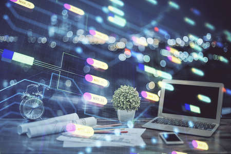 Double exposure of computer and technology theme hud. Concept of innovation.