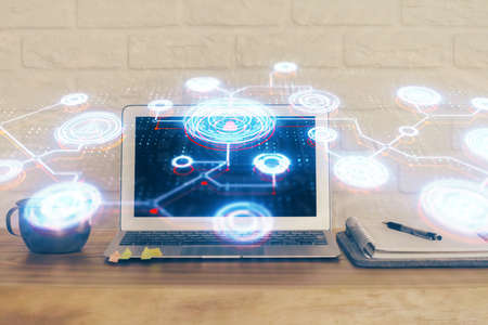 Computer on desktop with social network theme icon. Multi exposure. Concept of international...