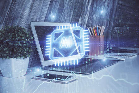 Multi exposure of computer on background and technology theme drawing. Concept of innovation.