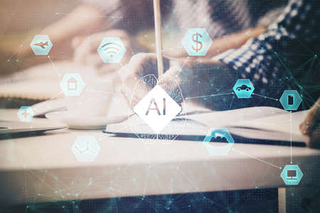 Writing mans hands background with technology icons. Double exposure. Concept of big data.