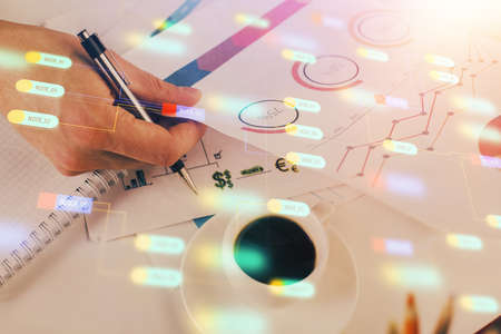 Writing mans hands background with technology huds. Double exposure. Concept data.