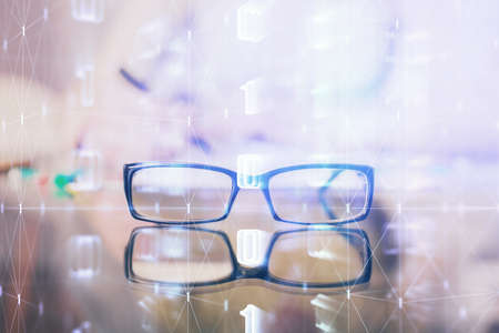 Double exposure of writing hand on background with data solution technology hologram. Ai concept.の写真素材