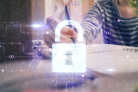 Double exposure of womans hands writing with lock icon. Concept of security and protection of data