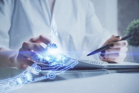 Start up creative drawing over close up hands on background. Concept of brainstorming. Multi...
