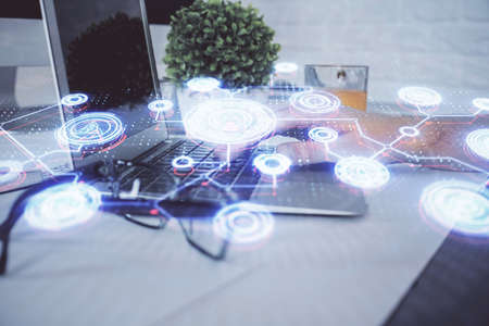 Social network theme hologram with businessman working on computer on background. Multi exposure.の写真素材
