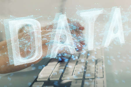 Multi exposure of tech drawings with man working on computer background. Concept of innovation.の写真素材