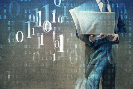 Double exposure of data internet theme hologram with man working on computer on background. Concept...